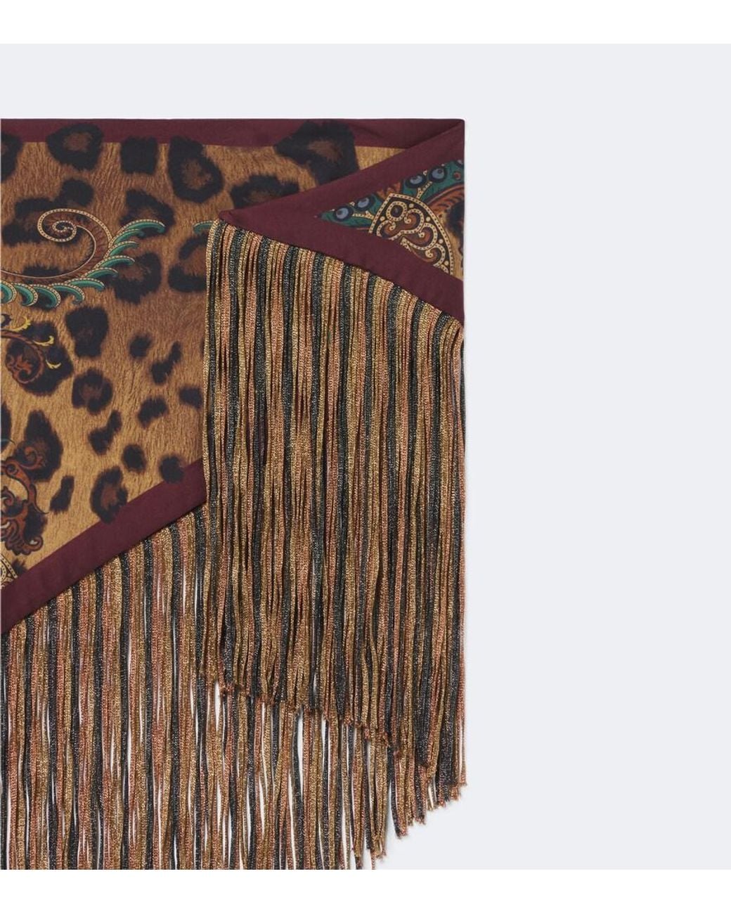 Etro Brown Fringed Leopard-Print Paisley Silk Scarf
