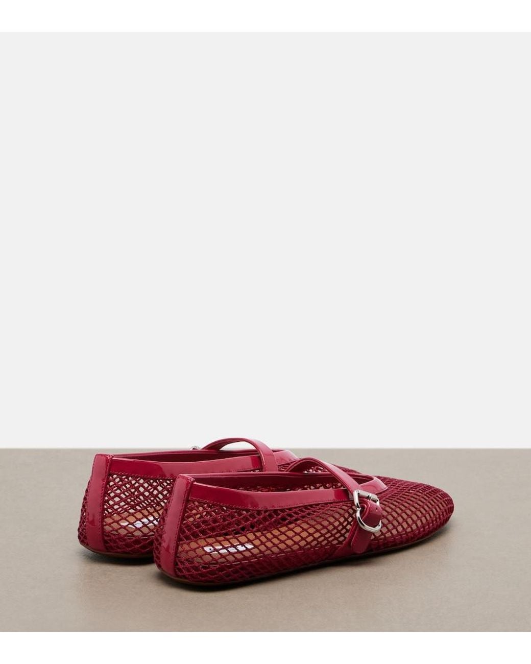 Alaïa Red Leather-Trimmed Fishnet Mary Jane Flats