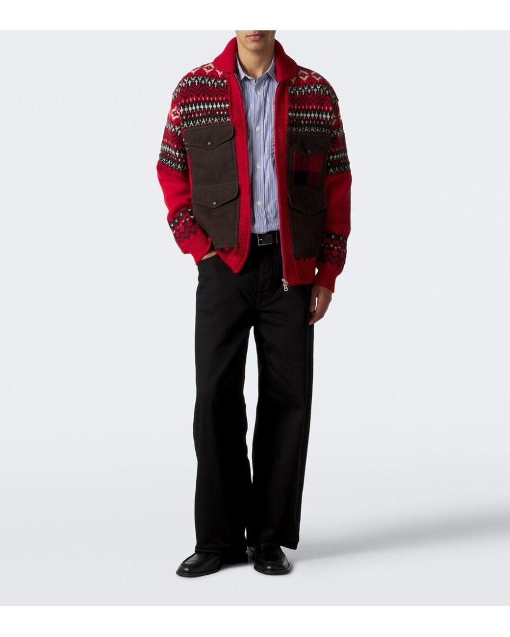 Junya Watanabe Red Suede-Trimmed Wool Zip-Up Cardigan for men