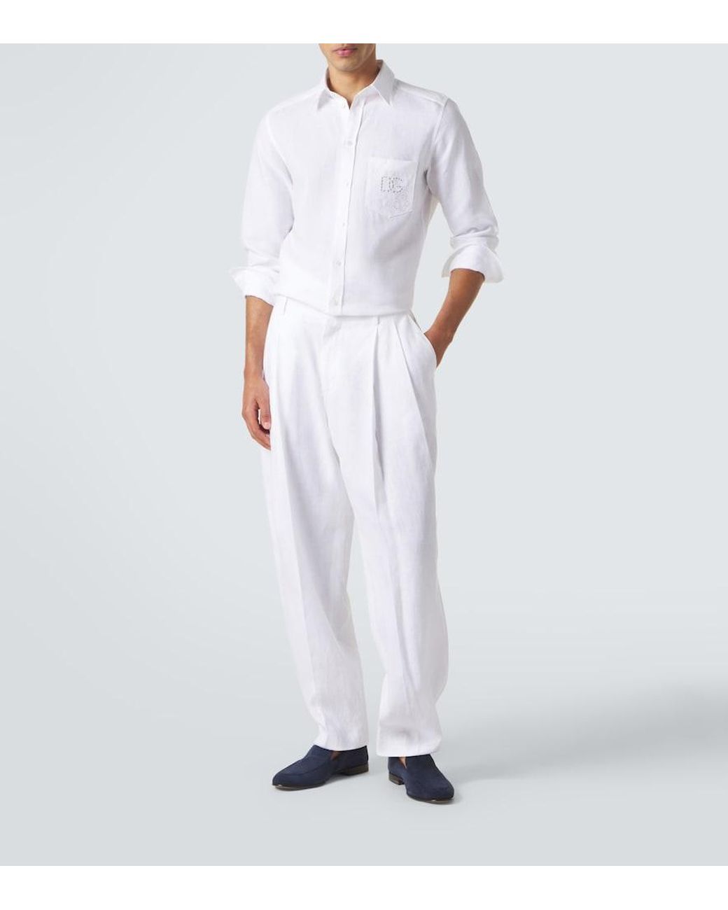 Dolce & Gabbana White Embroidered Linen Shirt for men
