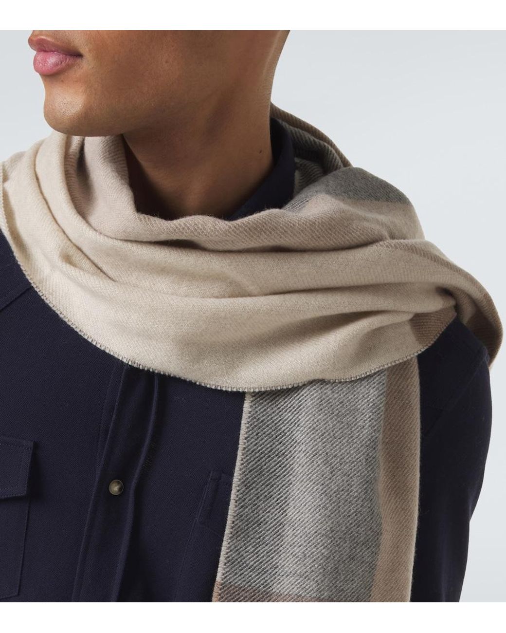 Brunello Cucinelli Natural Checked Wool And Cashmere Scarf for men
