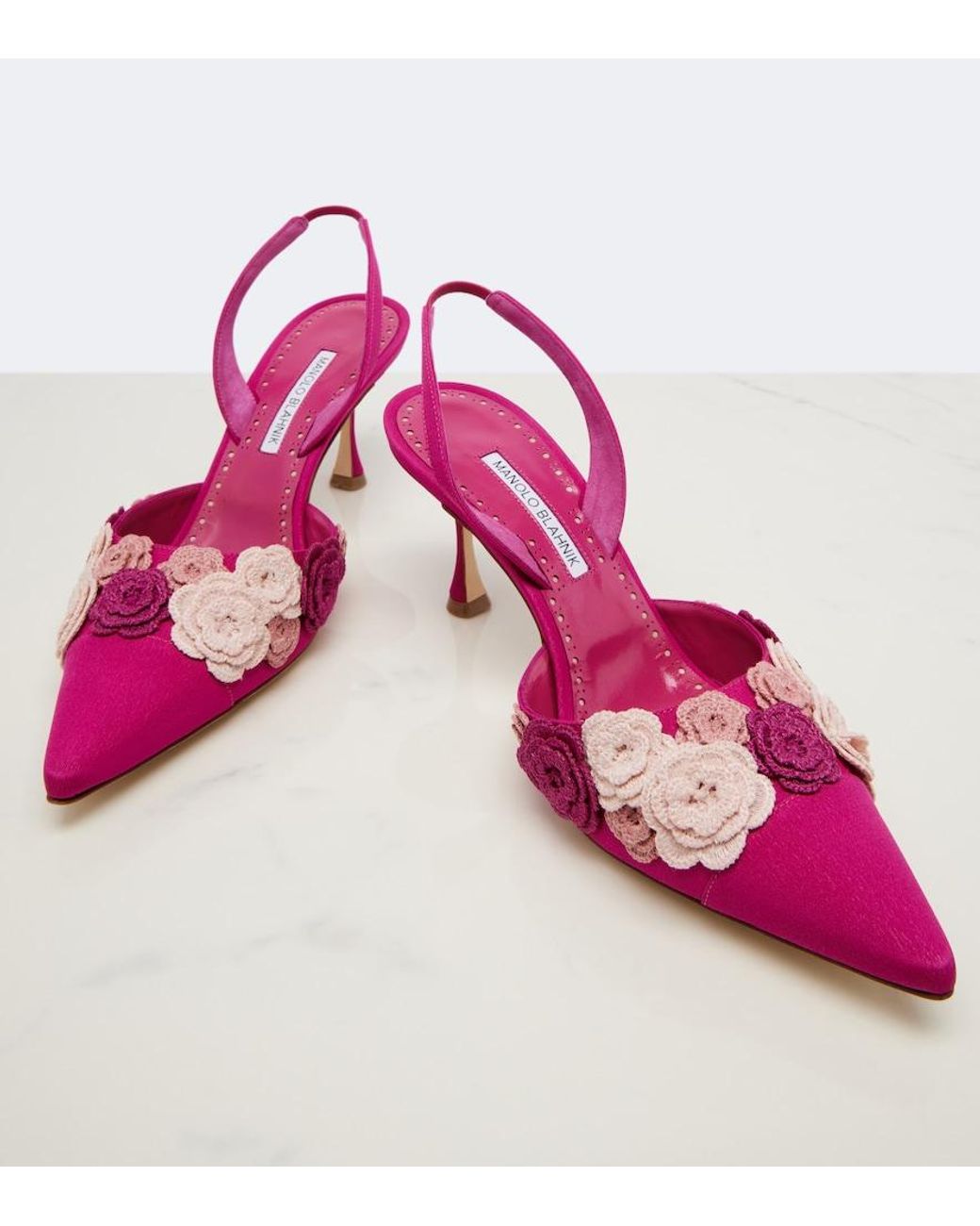 Manolo Blahnik Pink Svemuta Floral-Applique Slingback Pumps