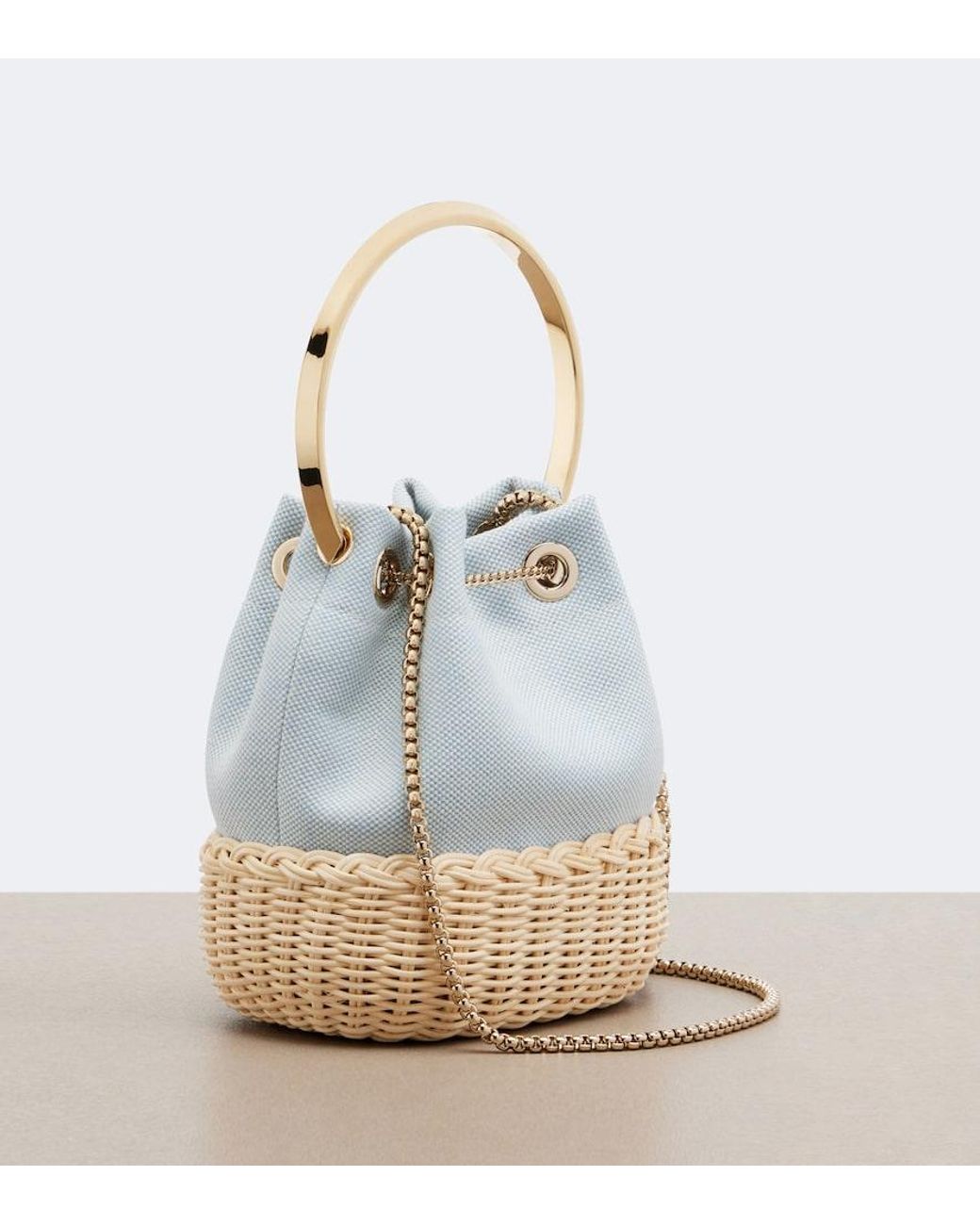 Jimmy Choo Blue Bon Bon Canvas And Wicker Bucket Bag