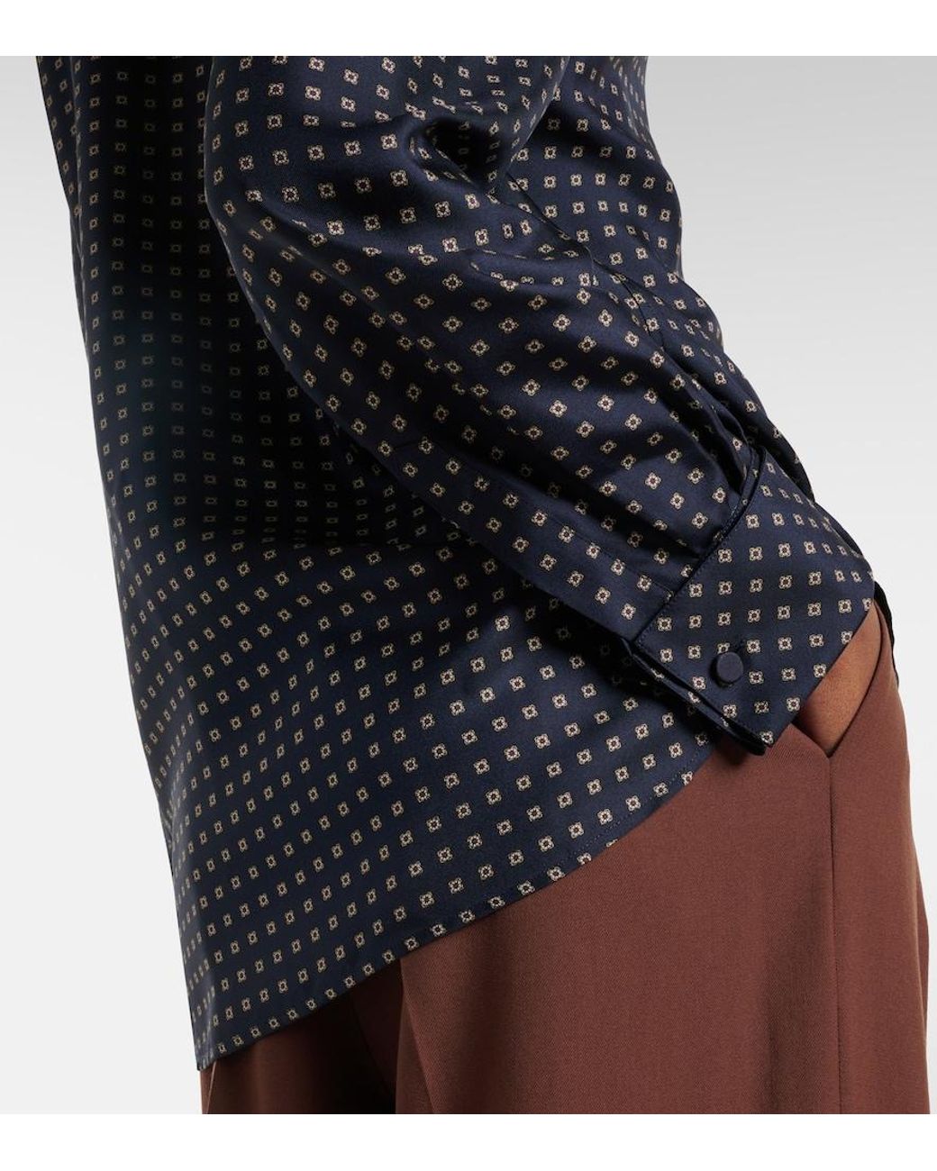 Saint Laurent Blue Printed Tie-Neck Silk Crepe De Chine Blouse
