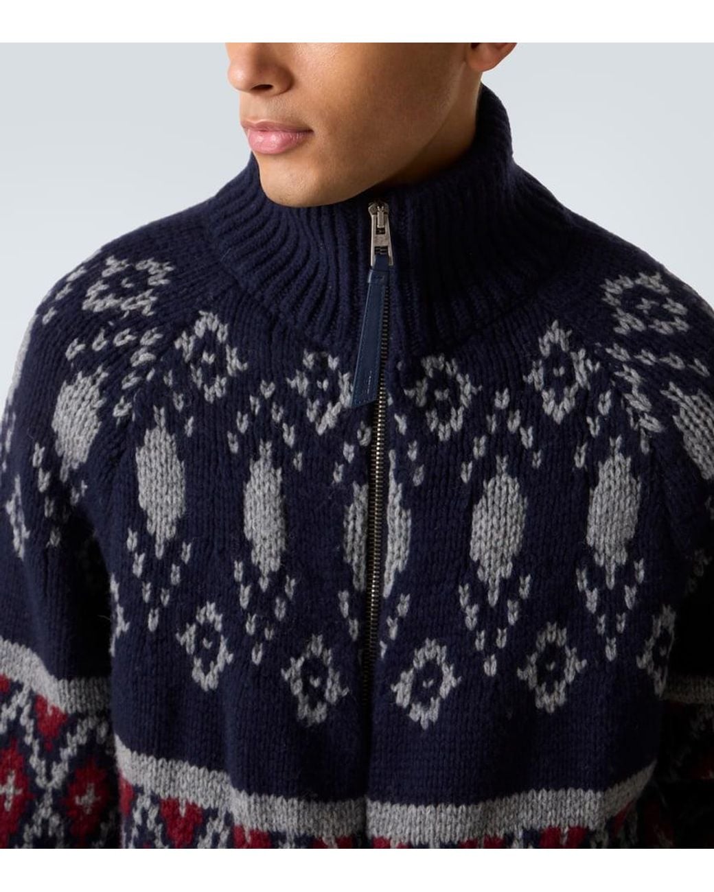 Loewe Blue Wool Jacquard Zip-Up Sweater for men