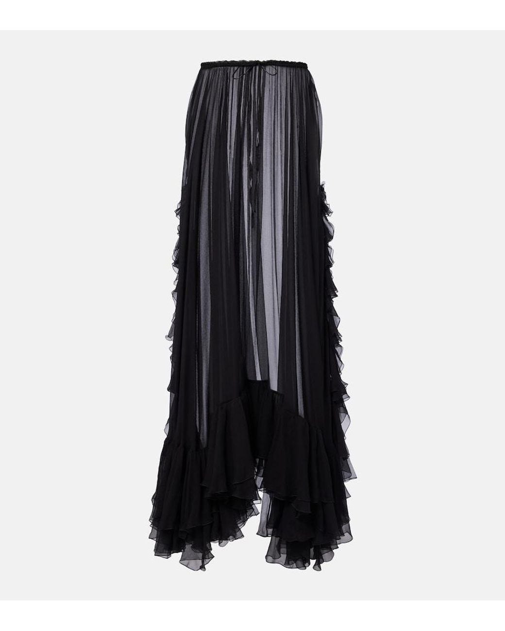 Chloé Black Ruffled Sheer Silk Maxi Skirt