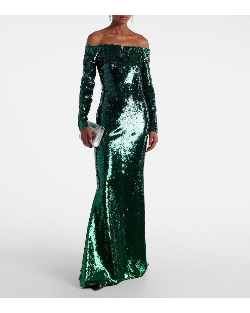 Elie Saab Green Sequined Off-Shoulder Gown