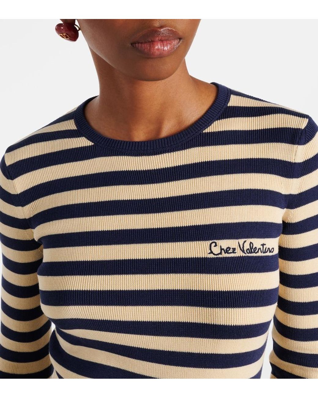 Valentino Garavani Blue Striped Ribbed-Knit Cotton Sweater
