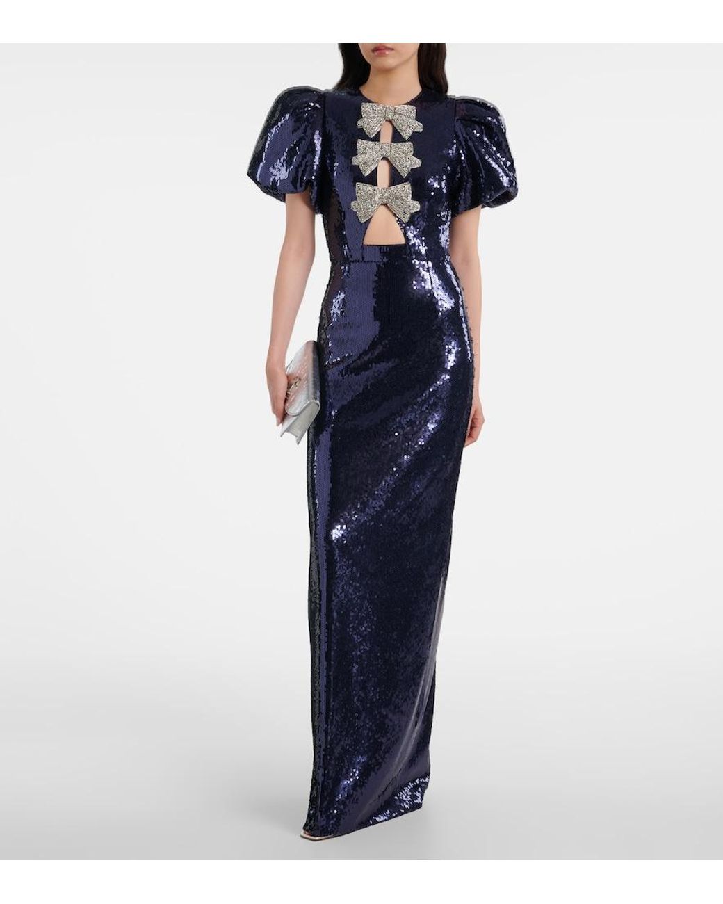Rebecca Vallance Blue Cressida Puff-Sleve Sequined Gown