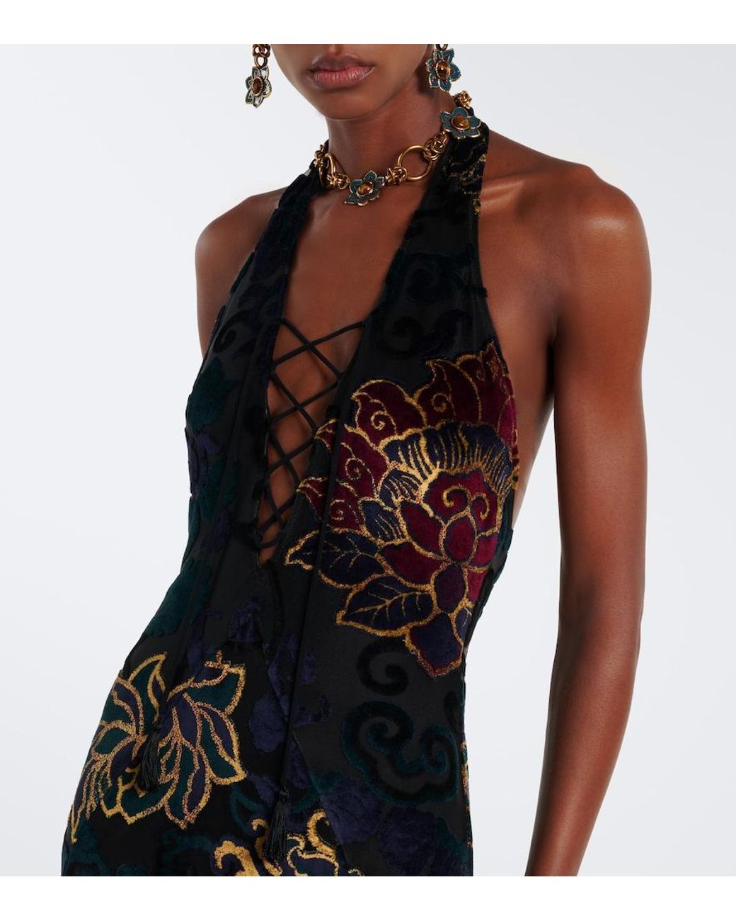 Etro Black Floral Jacquard Jersey Halterneck Gown