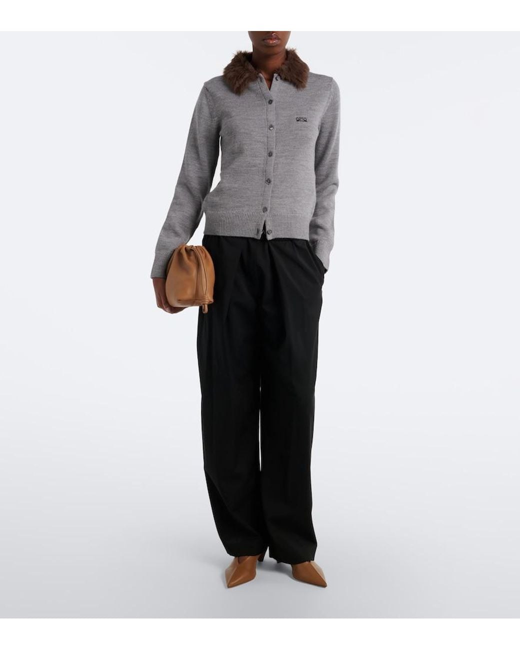 Loewe Gray Double L Ribbed-Knit Wool Cardigan