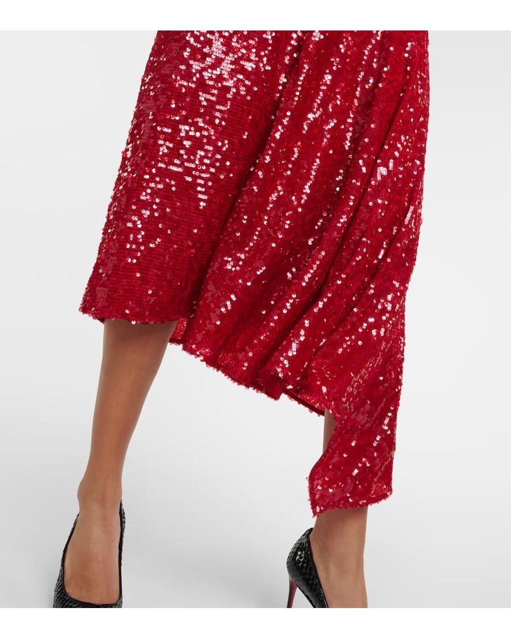 Erdem Red Asymmetric Sequined Midi Dress