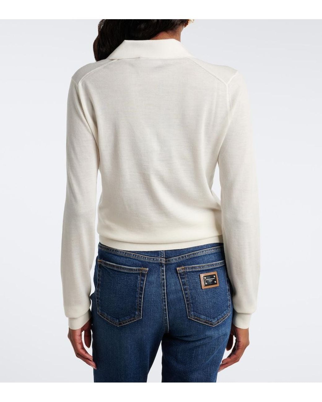 Dolce & Gabbana White Embellished Cashmere-Blend Polo Sweater