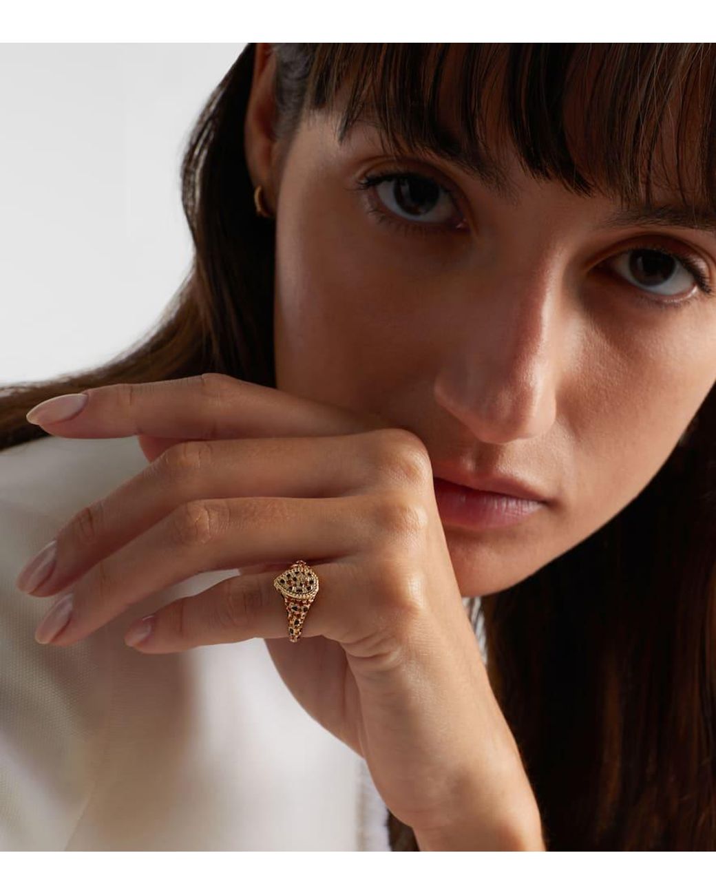 Yvonne Léon White Pinky Ring Poire Lynx Mini Aus 9Kt Gelbgold (375/1000) Mit Emaille, Diamanten Und Citrin