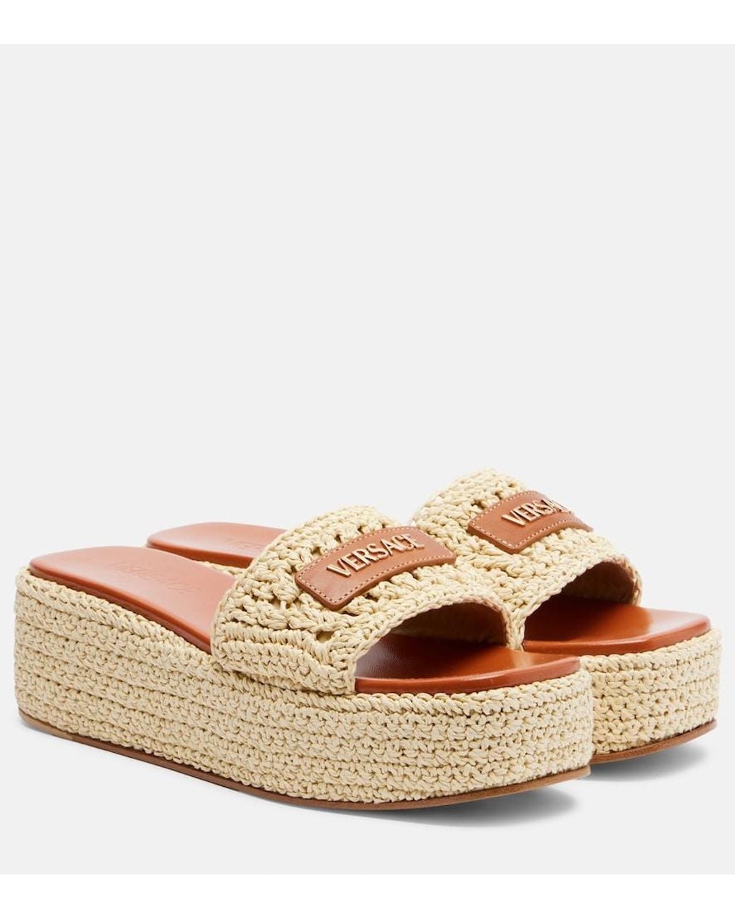 Versace Natural Logo Raffia Platform Espadrille Slides