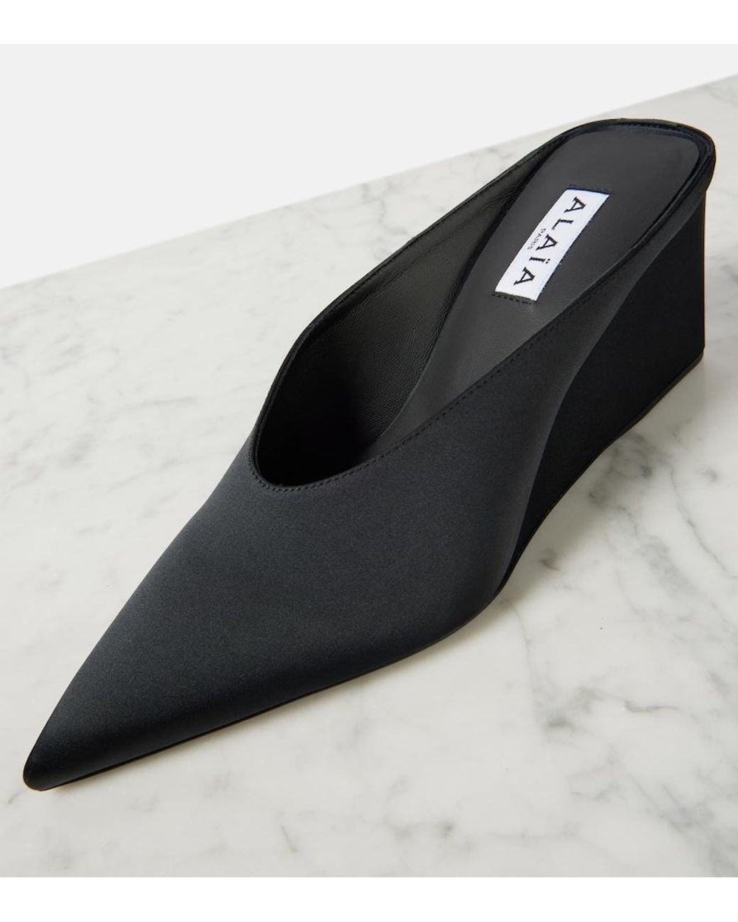 Alaïa Black Satin Point-Toe Wedge Mules