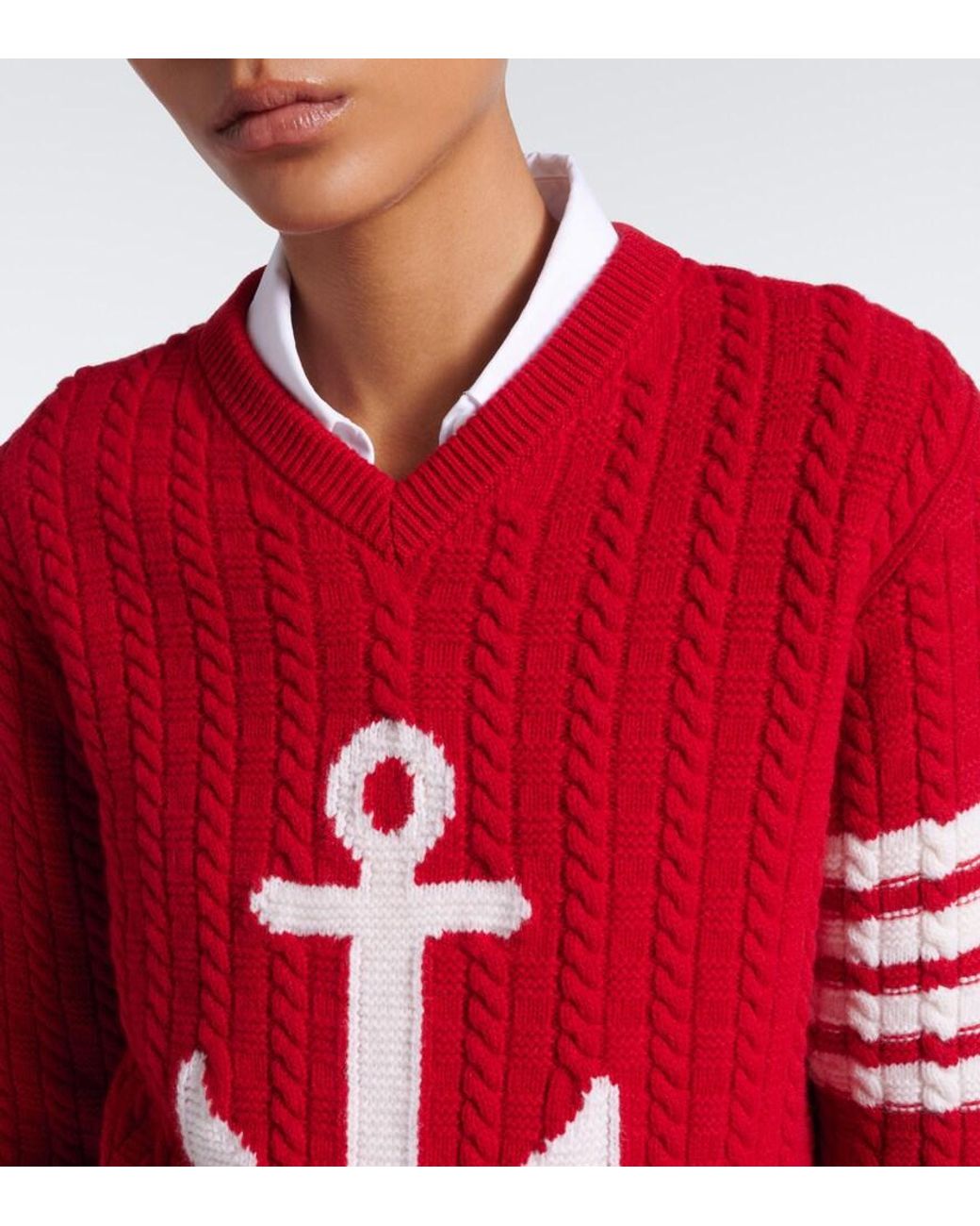 Thom Browne Red 4-Bar Cable-Knit Virgin Wool Sweater