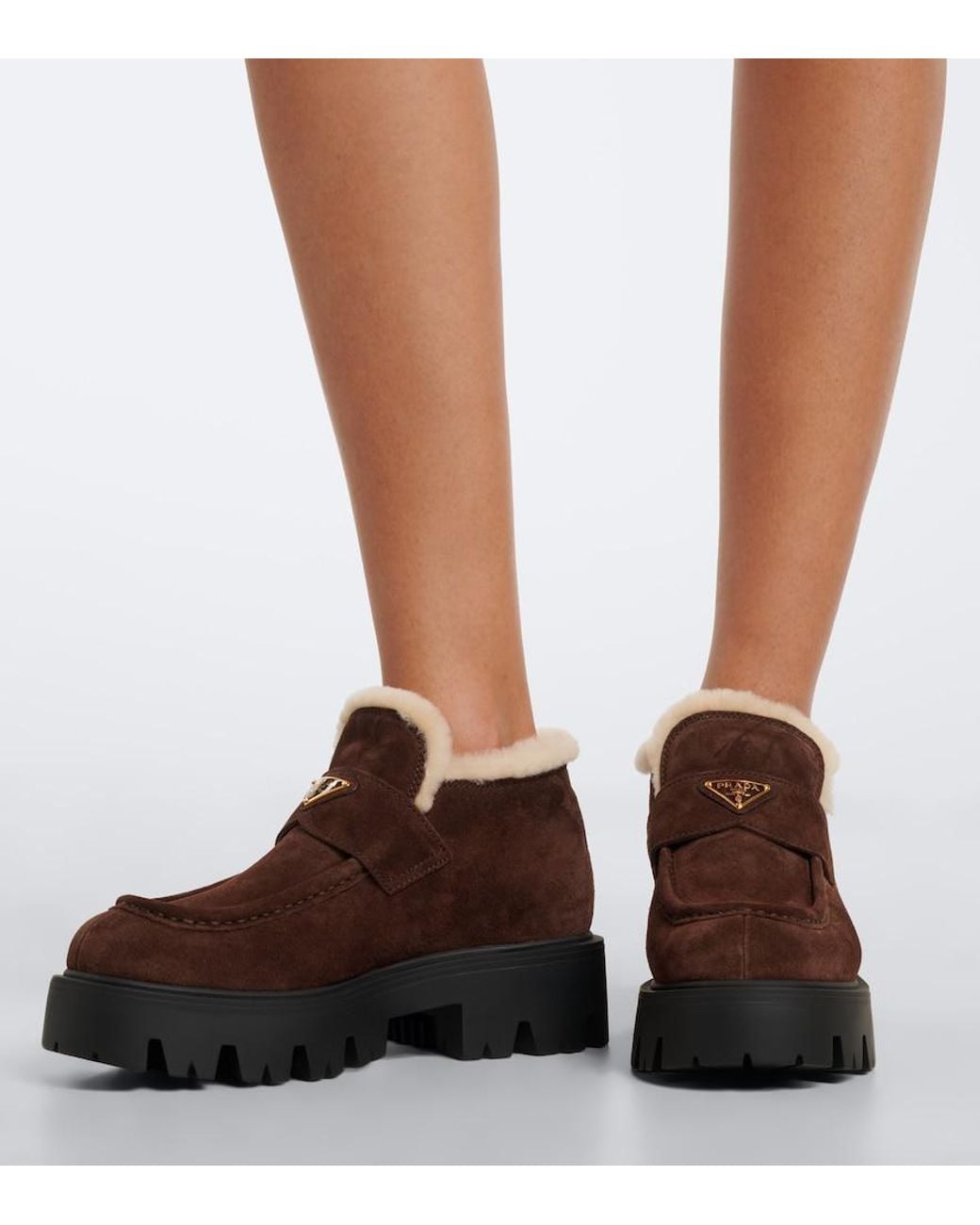 Prada Brown Shearling-Lined Suede Ankle Boots