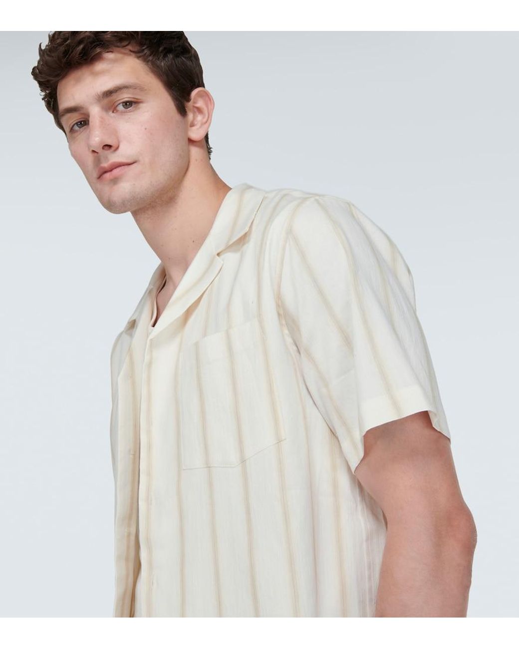 Commas White Striped Linen-Blend Bowling Shirt for men