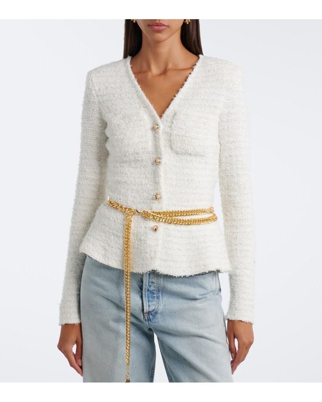 Self-Portrait White Belted Boucle Cardigan