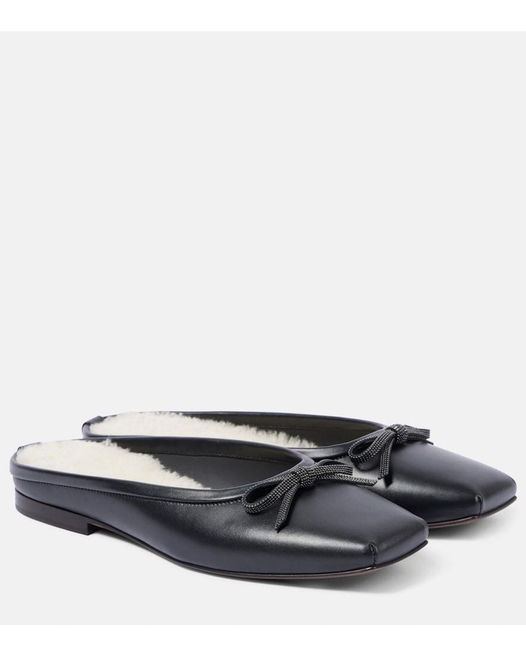 Brunello Cucinelli Black Monili Shearling-Lined Leather Mules