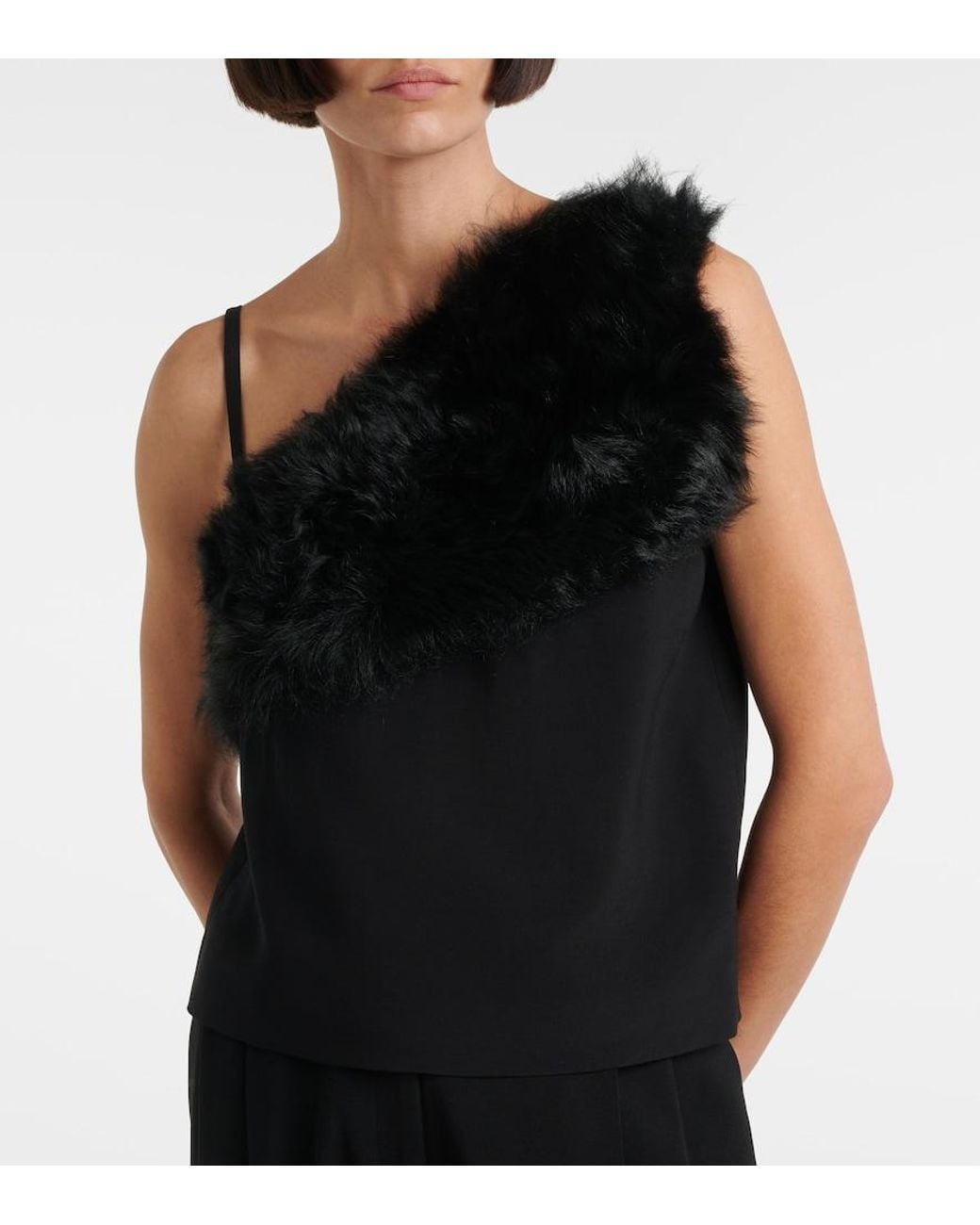 Totême  Black One-Shoulder Shearling-Trimmed Top