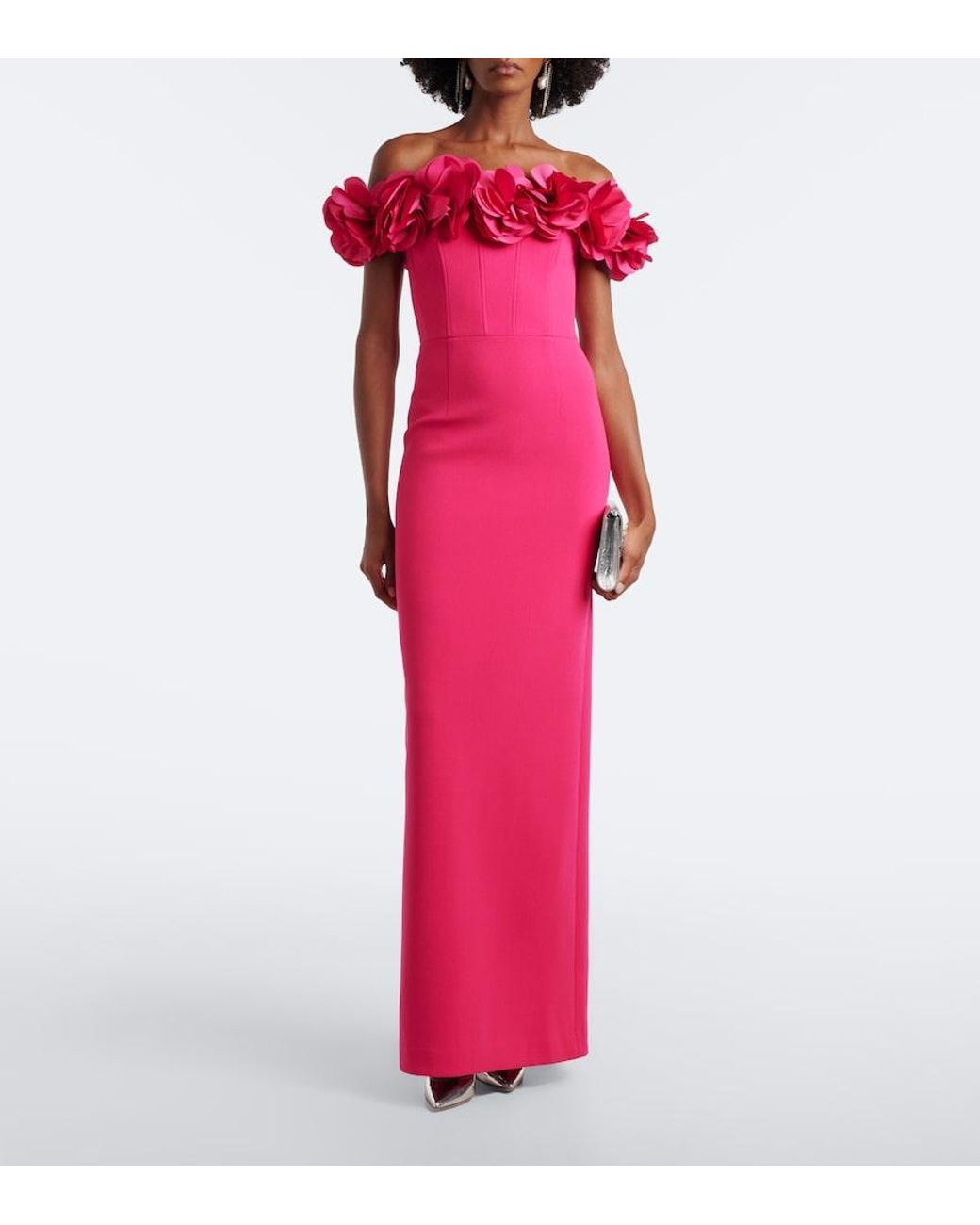 Rebecca Vallance Pink Odetta Floral-Applique Off-Shoulder Crepe Gown