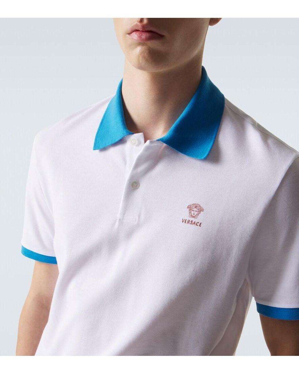 Versace Blue Printed Cotton Pique Polo Shirt for men