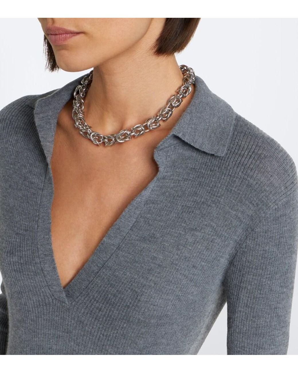 Max Mara Gray Ribbed-Knit Cashmere Polo Sweater