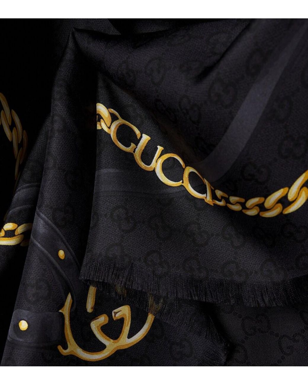Gucci Black Fringe-Trimmed Printed Silk Shawl