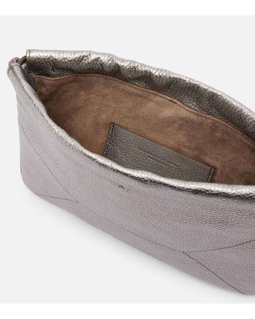 Brunello Cucinelli Gray Monili Small Metallic Leather Crossbody Bag
