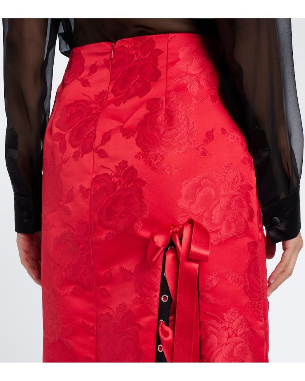 Simone Rocha Red Bow-Detail Floral Brocade Midi Skirt