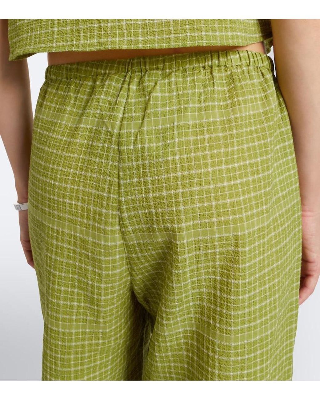 Asceno Green Loreto Checked Cotton Wide-Leg Pants