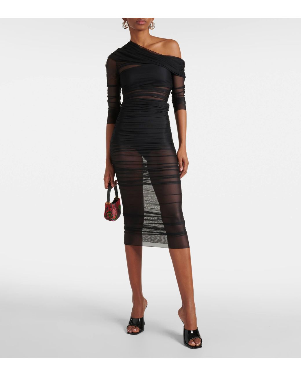 The Sei One Shoulder Ruched Mesh Midi Dress in Black Lyst UK