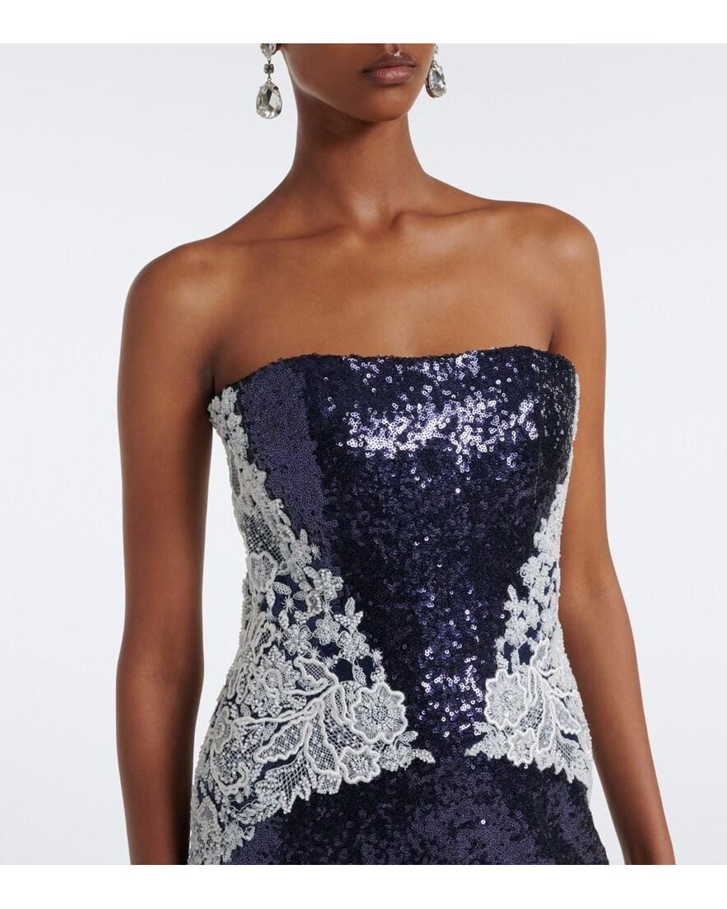 Costarellos Blue Scarf-Detail Sequined Bustier Gown
