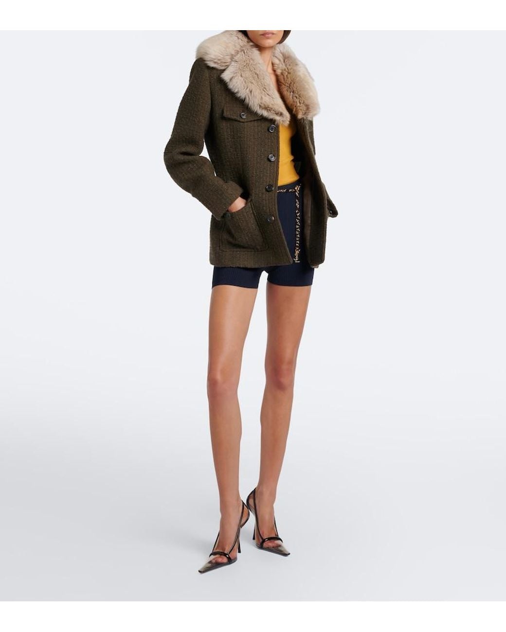 Saint Laurent Green Shearling-Trimmed Wool-Blend Tweed Jacket