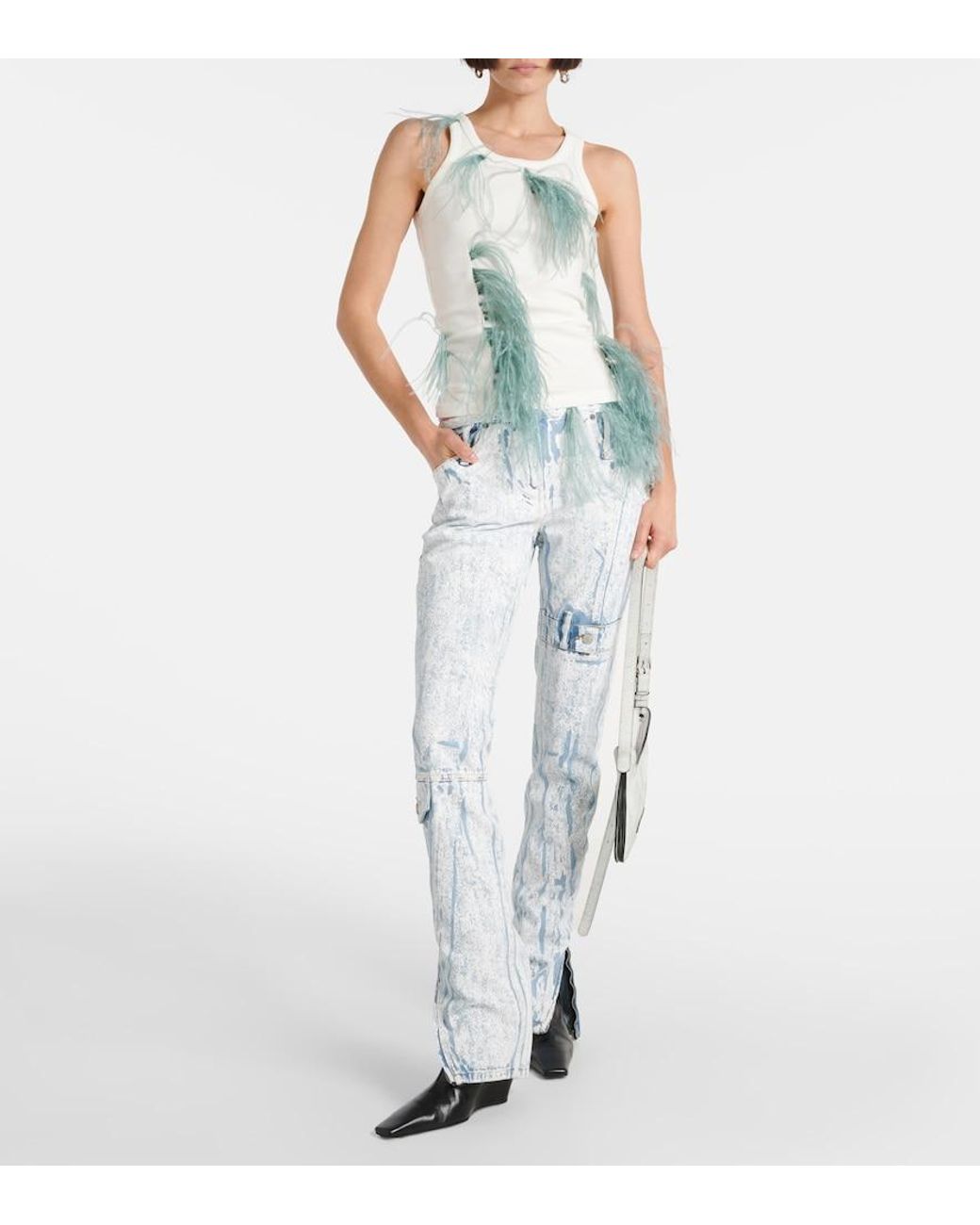 Acne Blue Feather-Trimmed Cotton-Blend Tank Top