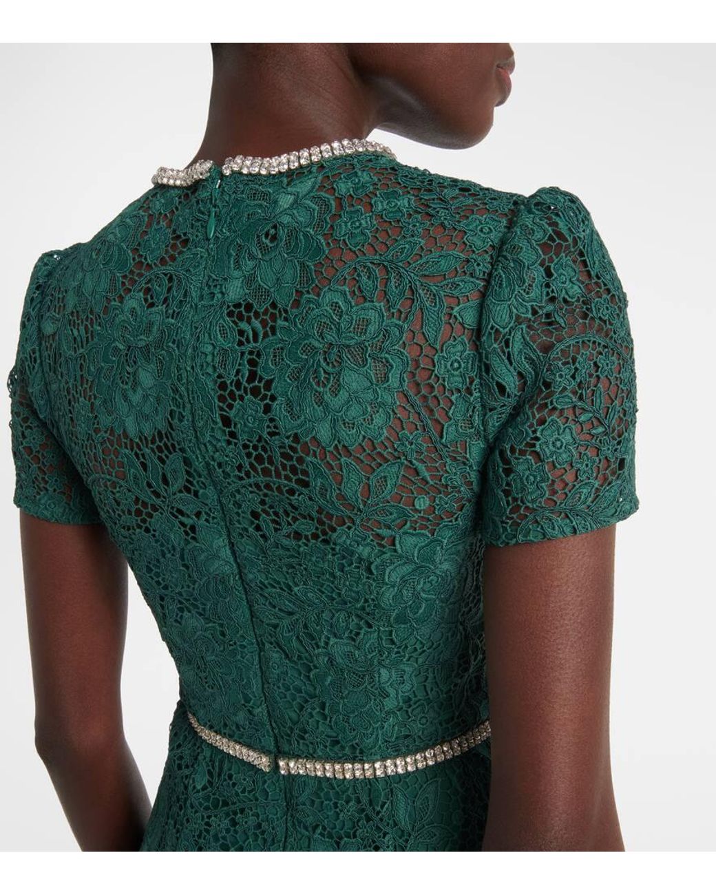 Self-Portrait Bow-Detail Embellished Lace Midi Dress in Green | Lyst