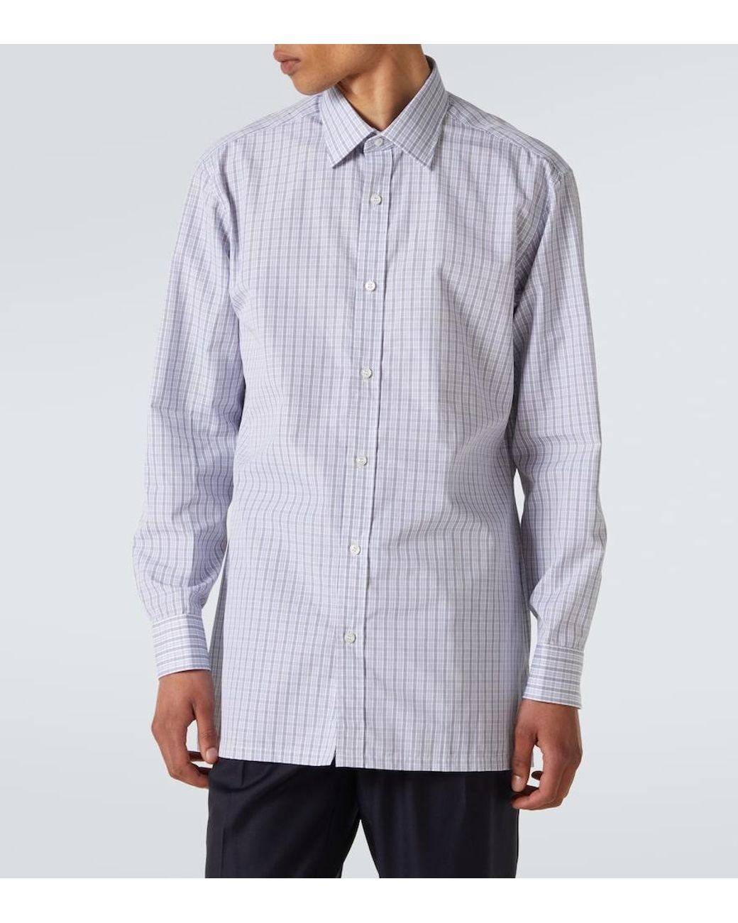 Charvet Blue Checked Cotton Poplin Shirt for men