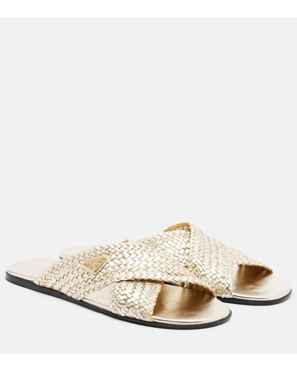 Prada White Woven Leather Slides