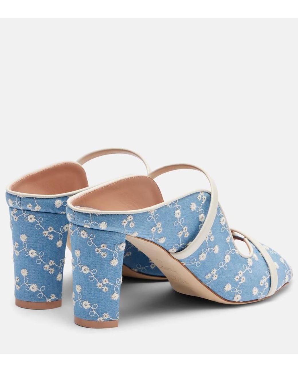 Malone Souliers Blue Norah 70 Leather-Trimmed Denim Mules