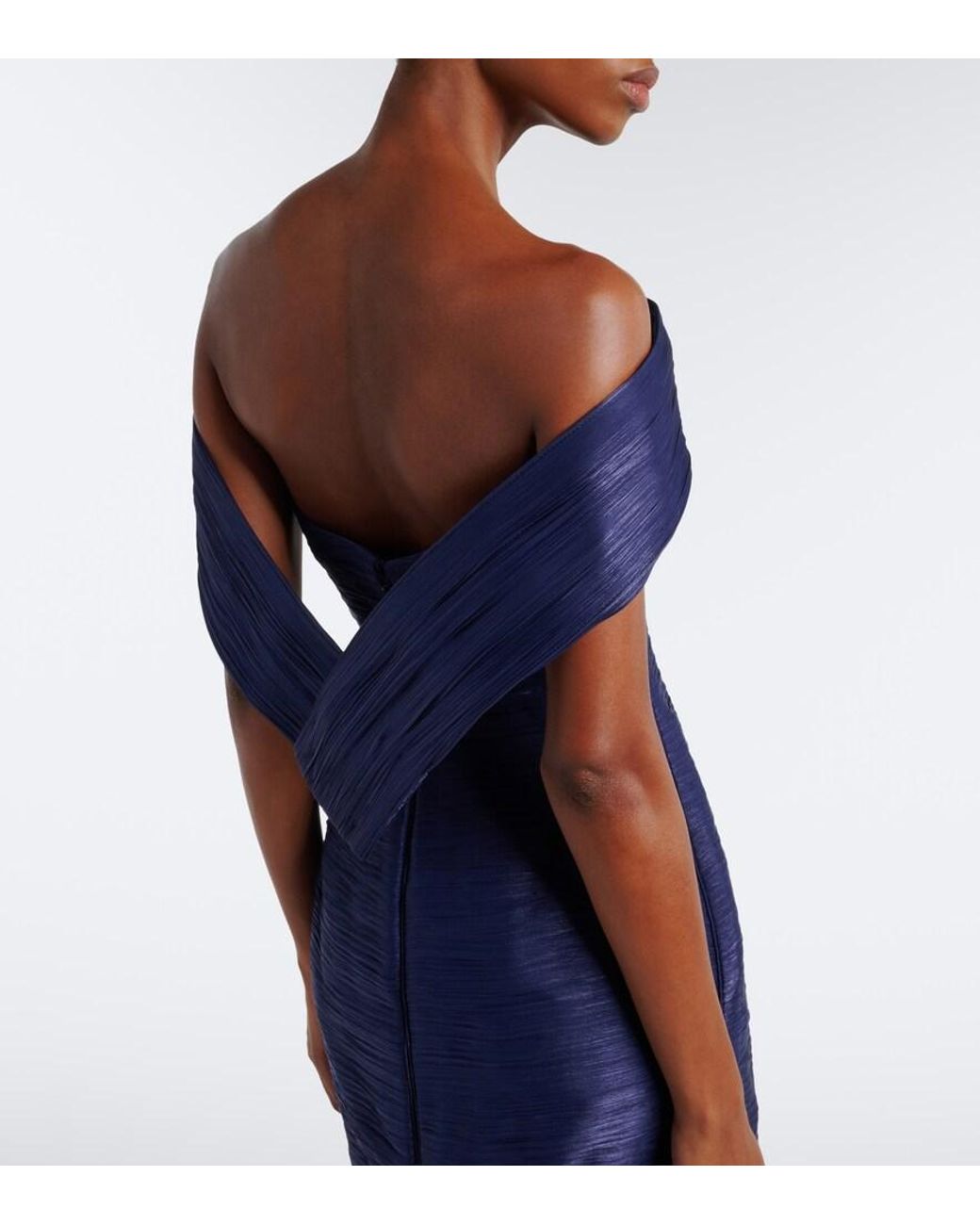 Marmar Halim Blue Pleated Off-Shoulder Gown