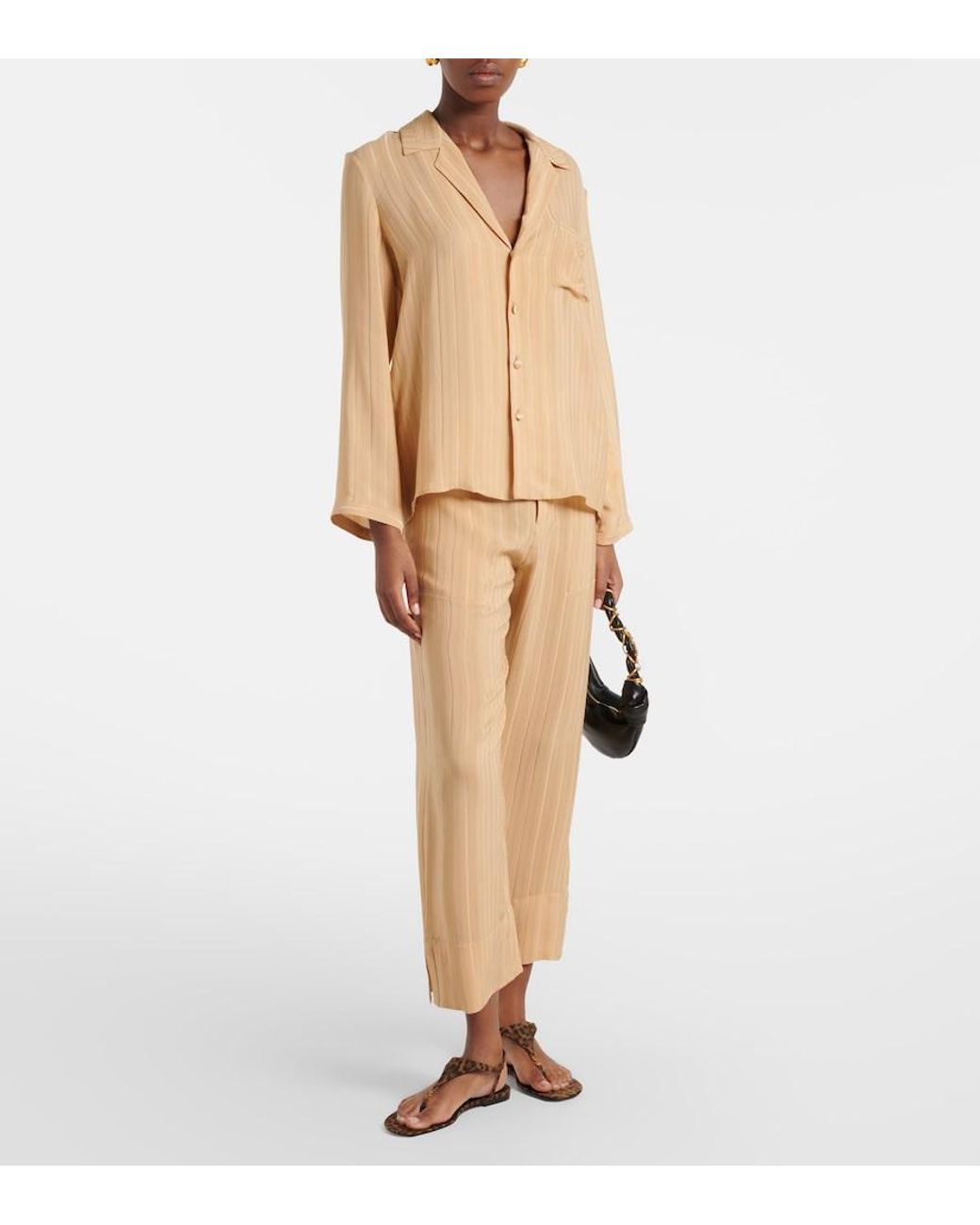 Saint Laurent Natural Striped Cropped Silk Straight Pants