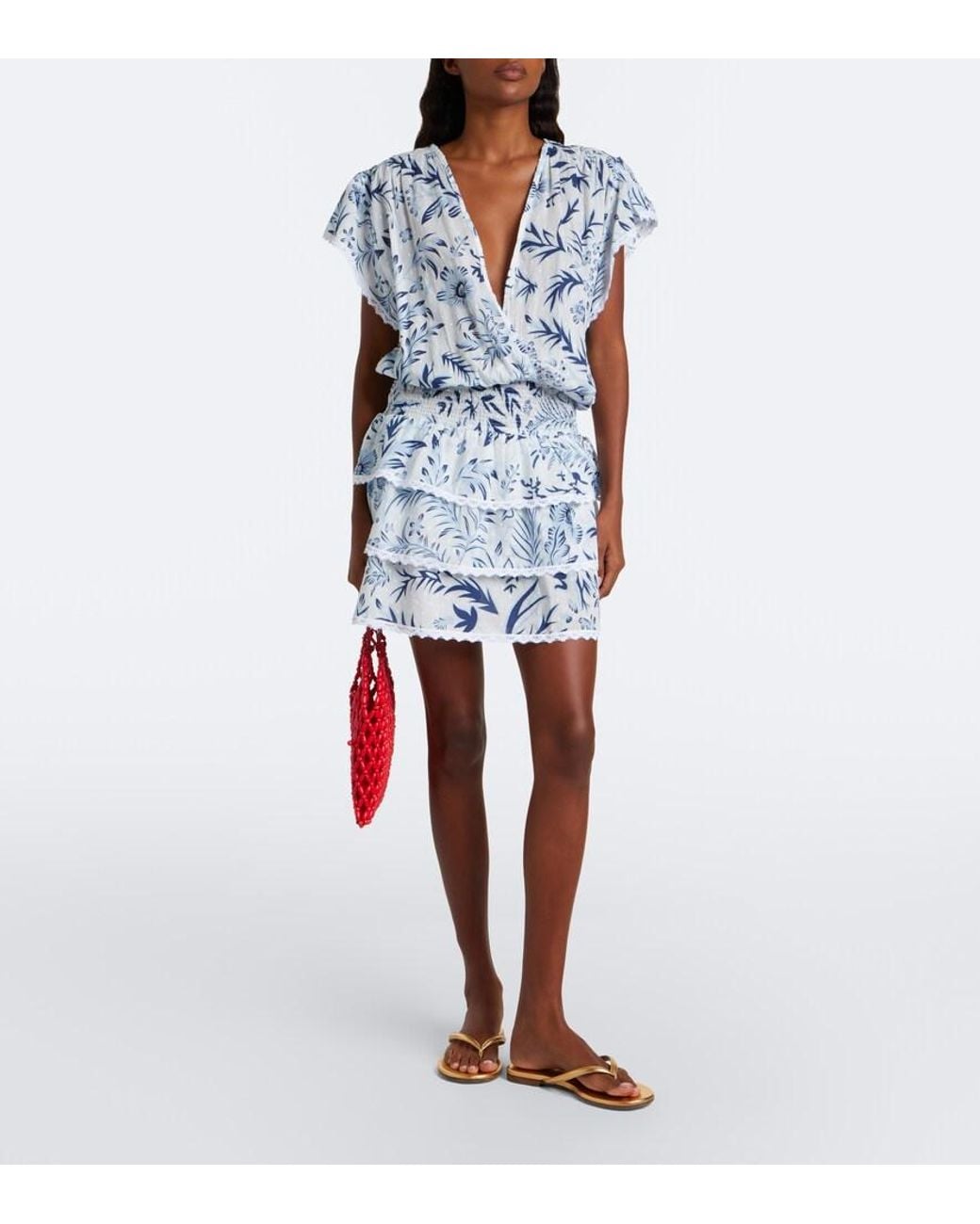 Melissa Odabash Blue Jess Floral Crochet-Trimmed Tiered Minidress