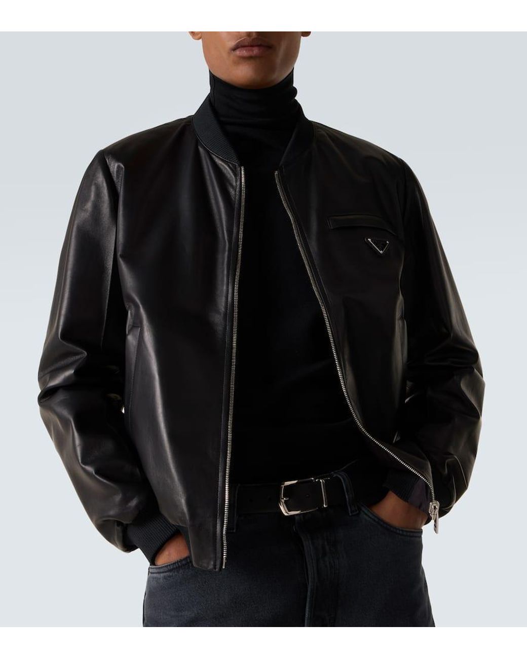 Prada Leather Bomber Jacket in Black for Men | Lyst