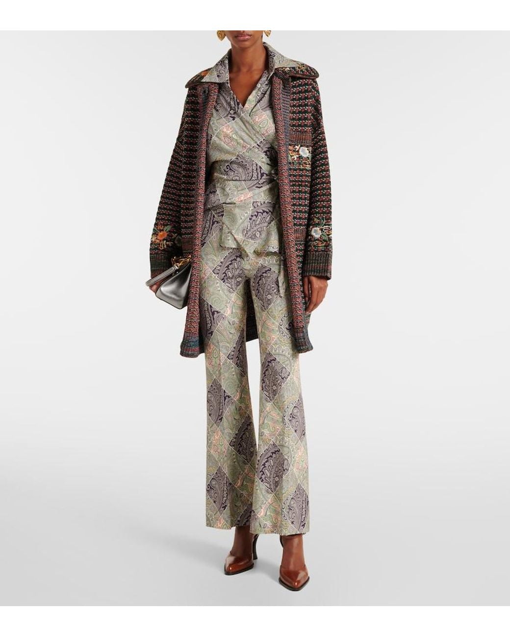 Etro Gray Paisley High-Rise Flared Pants