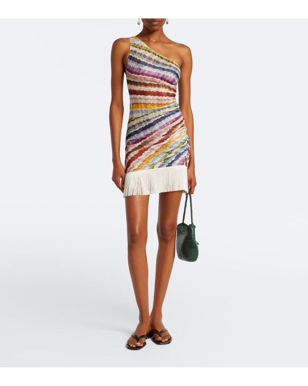 Missoni White Chevron Fringed One-Shoulder Beach Dress