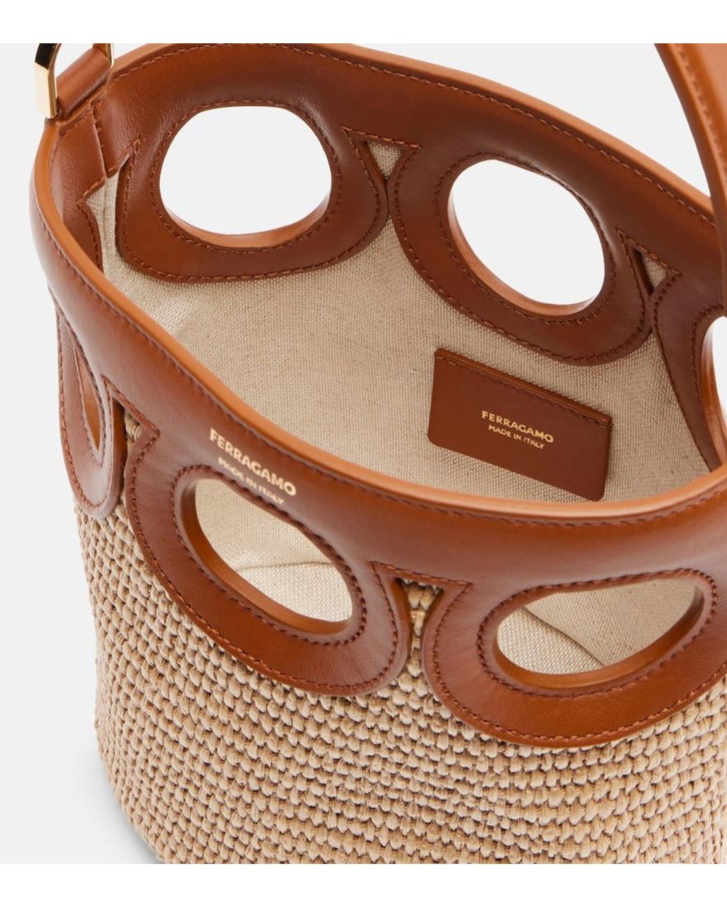 Ferragamo Brown Gancini Small Raffia Bucket Bag