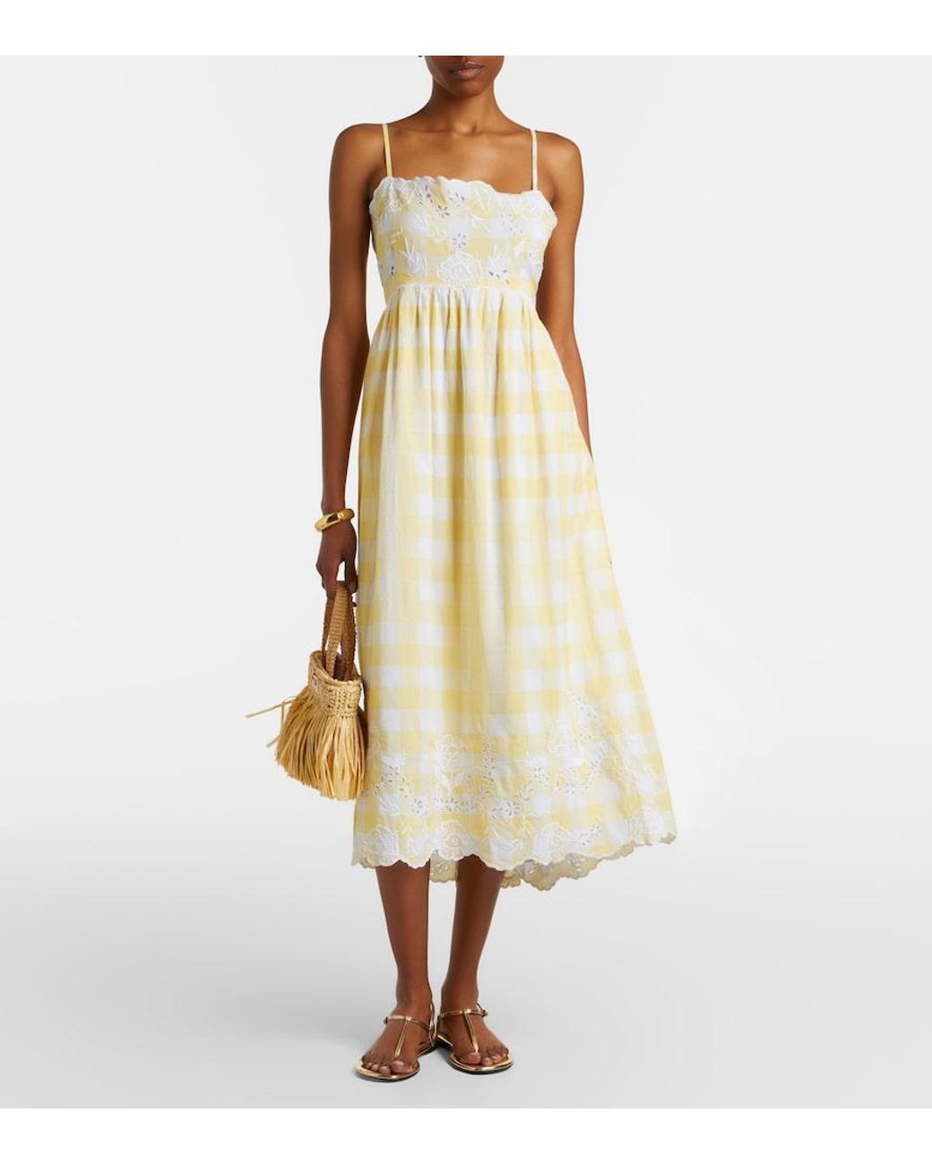 Juliet Dunn White Embroidered Checked Cotton Midi Dress