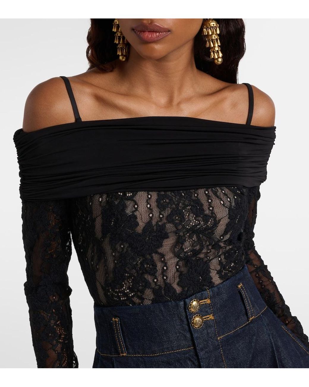 Zimmermann Black Rebellion Off-Shoulder Lace Bodysuit